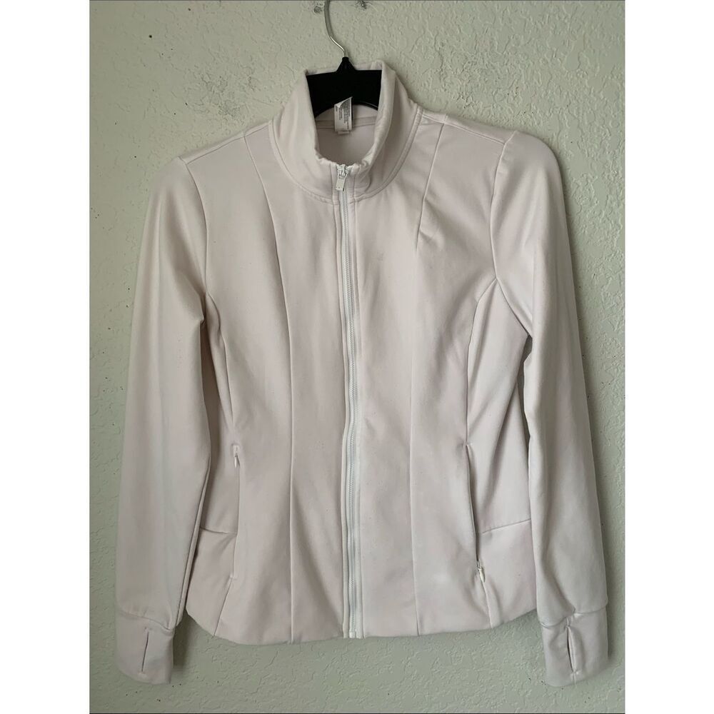 Yoga Women’s White Athletic Cropped Zip Up Jacket w/ Pockets Thumb Holes Size XL